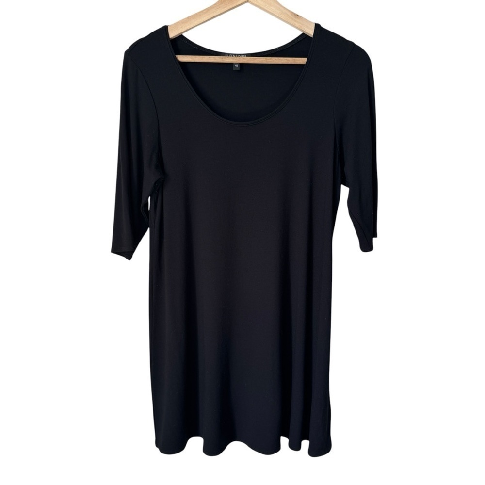 Eileen Fisher Petite 3/4 Length Sleeve Scoop Neck Tunic Black Women's Petite Med